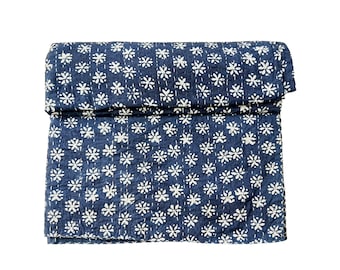Indigo Floral Kantha Quilt: Cotton Indian Throw, King/Twin SizeFloral Print Bedspread Throw