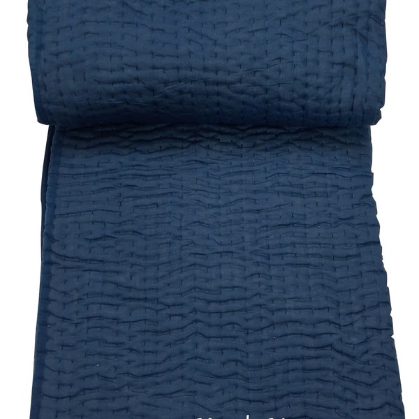 Edredón Kantha azul liso: Manta de algodón hecha a mano tamaño Queen (108 x 108 pulgadas)