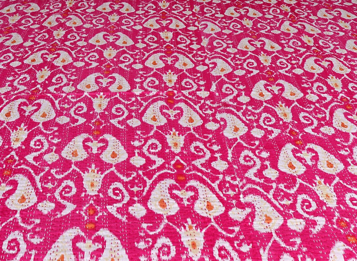 Pink Kantha Quilt King Size Hand Stitch Kantha Paisley Etsy