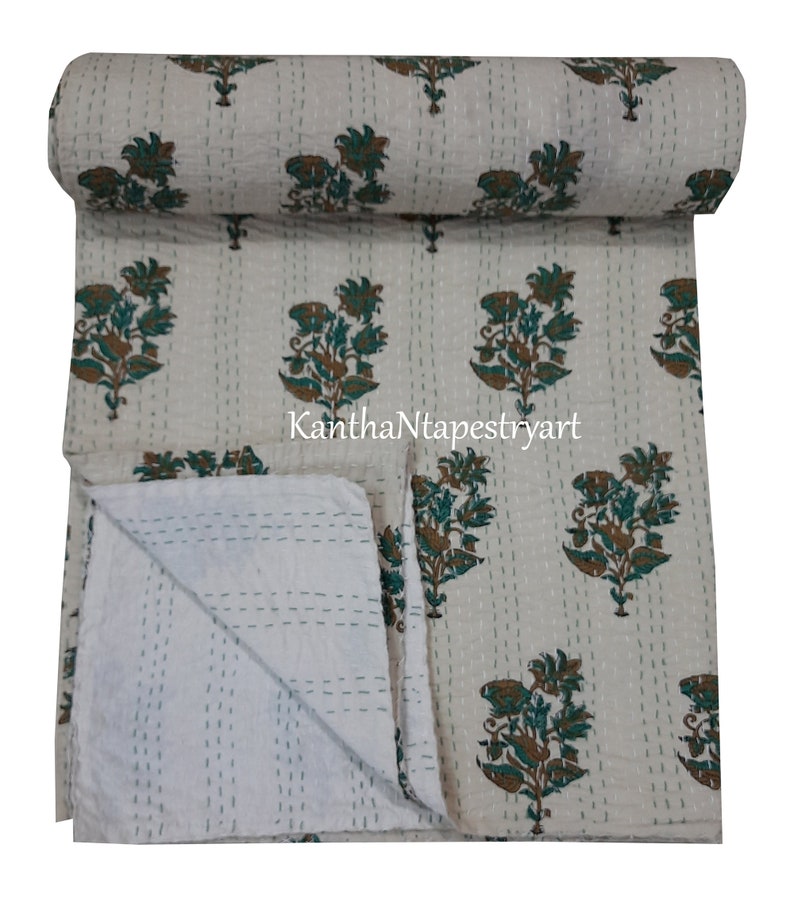 Green Kantha Quilt King Size Hand Stitch Kantha Floral Etsy