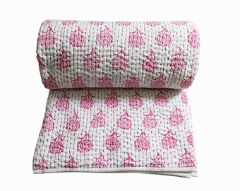 Edredón Kantha con estampado de bloques a mano en color rosa, edredón vintage Jaipuri, edredón de cama Razai con relleno de algodón suave, edredón Kantha cosido a mano tamaño Queen de 90 x 108 pulgadas