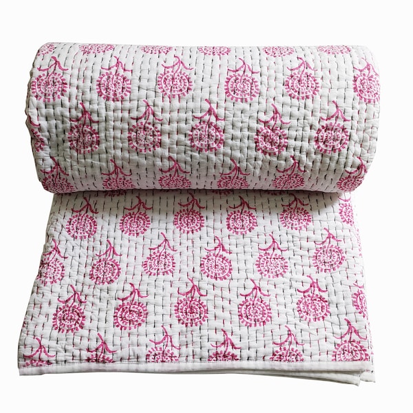 Pink Hand Block Print Kantha Quilt Vintage Jaipuri Quilt Soft Cotton Filling Razai Bed Quilt Queen Hand Stitched Kantha Quilt 90x108" Inch