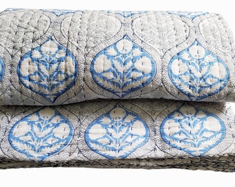 Edredón Kantha de algodón azul y blanco liso tamaño king, 90 x 108 pulgadas