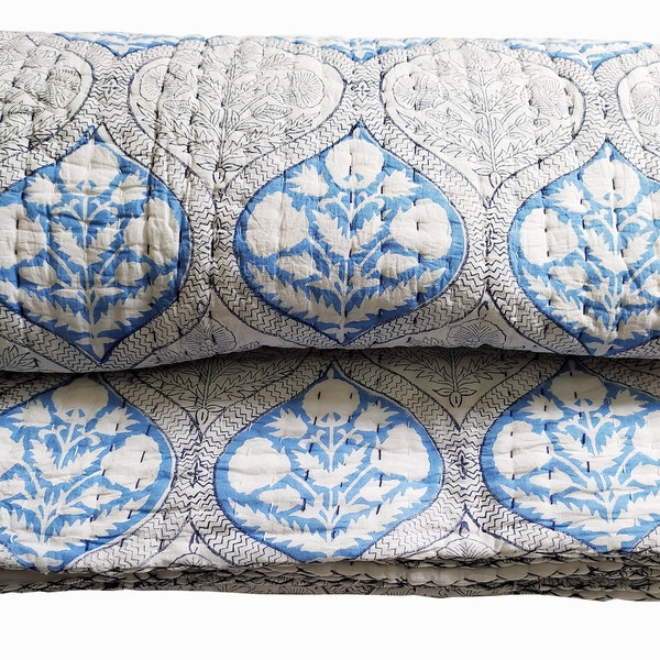 Solid White Blue Cotton Kantha Quilt King Size 90x108" Inch