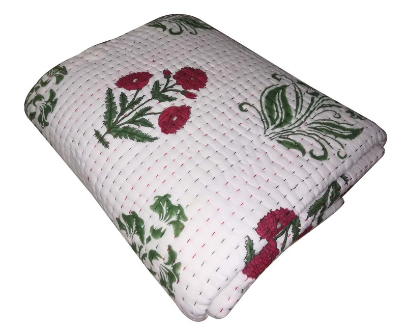 Indian Hand Block Print Cotton Kantha Quilt Rose Florwer Kantha Blanket Throw Kantha Bedding Home Decor Sofa Cover Soft Kantha Quilt 90x108