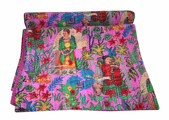 Frida Kahlo Mexican Kantha Quilt Indian Handmade Pink Queen Size Bed Cover Throw 