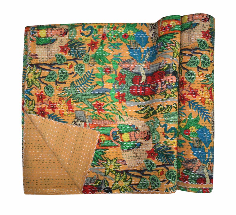 Mexican Queen farida Kahlo Print Handmade Kantha Quilt Bedspread Bedding Blanket Throw Kantha Bohemian Boho Quilt Home Living DecorArt King