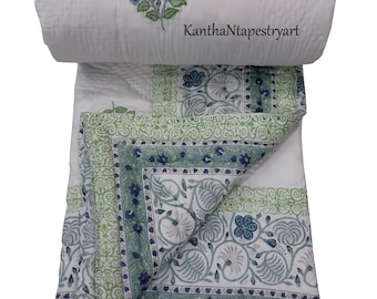 Omkeerbare katoenen quilt met handblokprint: quilt met bloemen Jaipuri Razai-handafdruk