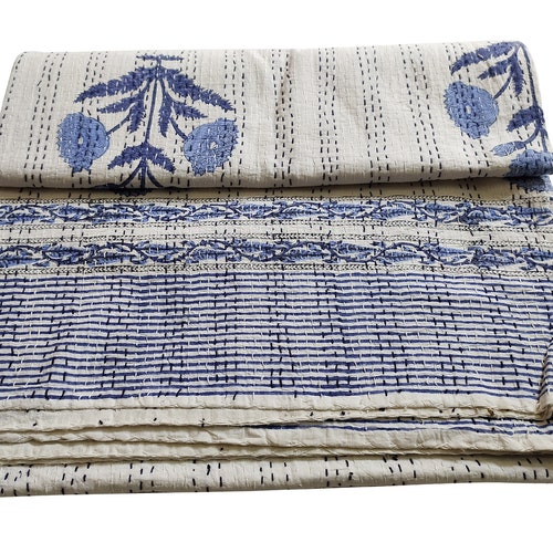 Couvre-lit Kantha à imprimé floral : Couvre-lit réversible en coton indien imprimé à la main - Taille King