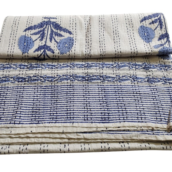 Edredón Kantha con estampado floral: Colcha reversible de algodón con estampado floral indio - Tamaño King - Manta para cama con estampado floral