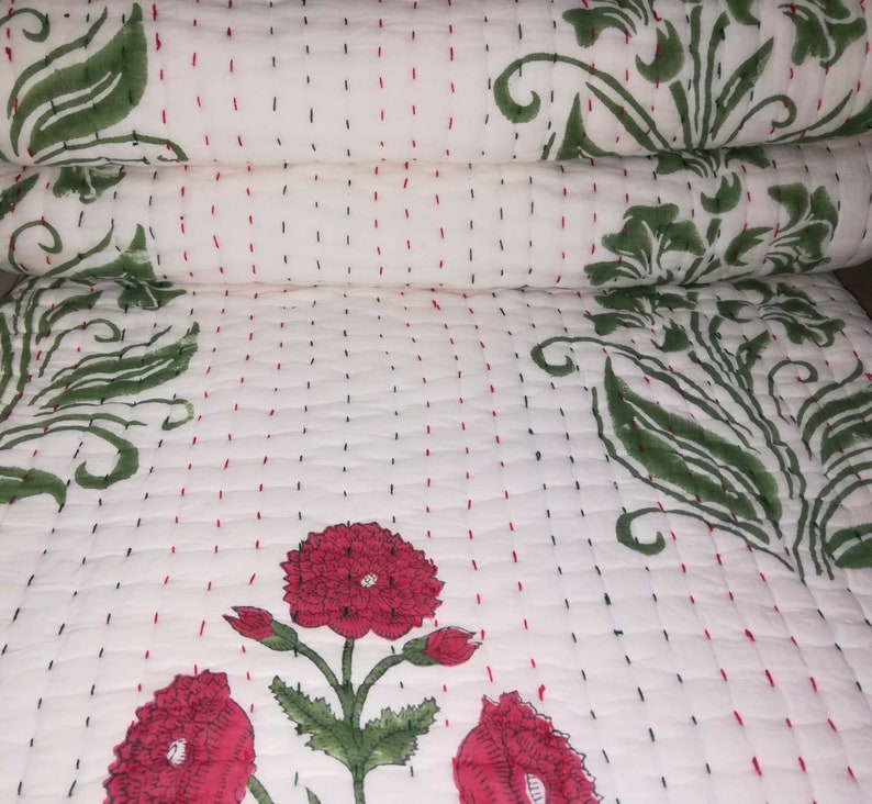Indian Hand Block Print Cotton Kantha Quilt Rose Florwer Kantha Blanket Throw Kantha Bedding Home Decor Sofa Cover Soft Kantha Quilt 90x108