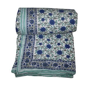 Katoenen kantha-quilt met handblokprint: quilt met bloemensprei en handafdruk