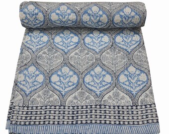 Couette kantha imprimée bleue, courtepointe indienne en coton, couvre-lit, couverture de literie faite main, couvertures de couette hippie bohème