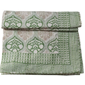 Lime Green Floral Hand Block Printed Cotton Kantha Throw -Double bed Size Lime Green Floral Hand Block Printed Cotton Kantha Throw -Double bed Size