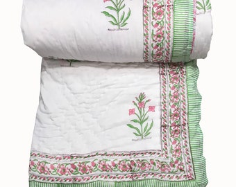 Handgeblokte katoenen quilt: beddengoed met Indiase bloemen (twin, queen, king) quilt met handafdruk