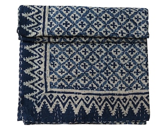 Indigo Knaht Quilt: Handmade Indian Block Print Cotton Bedspread
