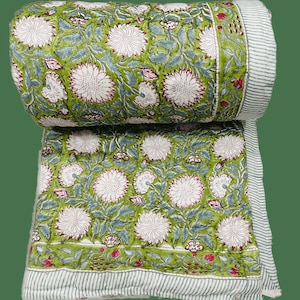 Hand Block Printed Cotton Quilt: Green Floral Indian Bedding