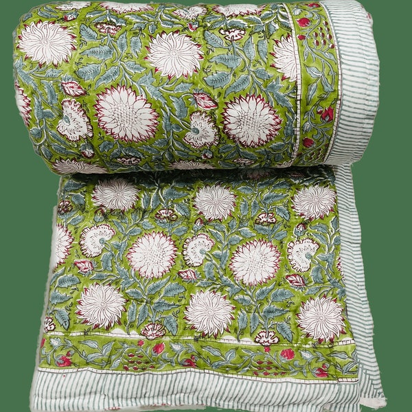 Indian traditional Hand Block Printed With Green Floral Made 100%Cotton with Insert Filled Bedding Quilt, Razai Size Twin,Queen,King