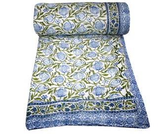 Omkeerbare kantha-quilt met blokprint: kingsize Jaipur-sprei met handafdruk