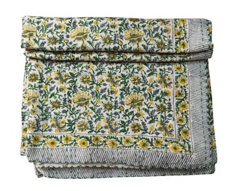 Floral Cotton Kantha Quilt: Handmade Indian Bedspread (90x108 inch)Floral Print Bedspread Throw