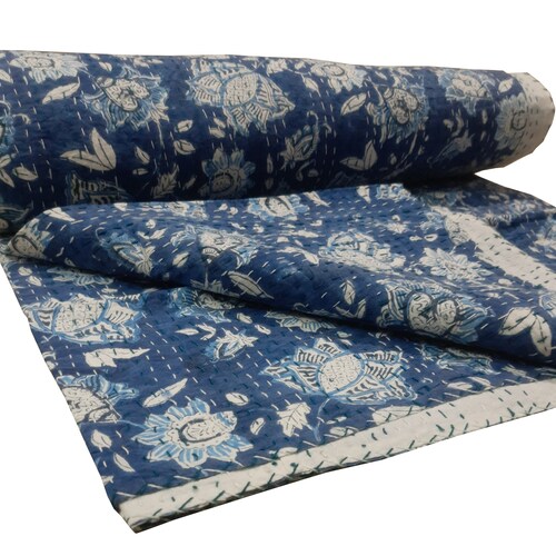 Handmade Indigo Blue Kantha Quilt - Twin Size, 100% Cotton, Floral Patchwork & Hand Block Print - View #2