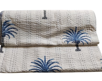 Palm Tree Hand Block Kantha Quilt: King Size Cotton BedspreadFloral Print Bedspread Throw