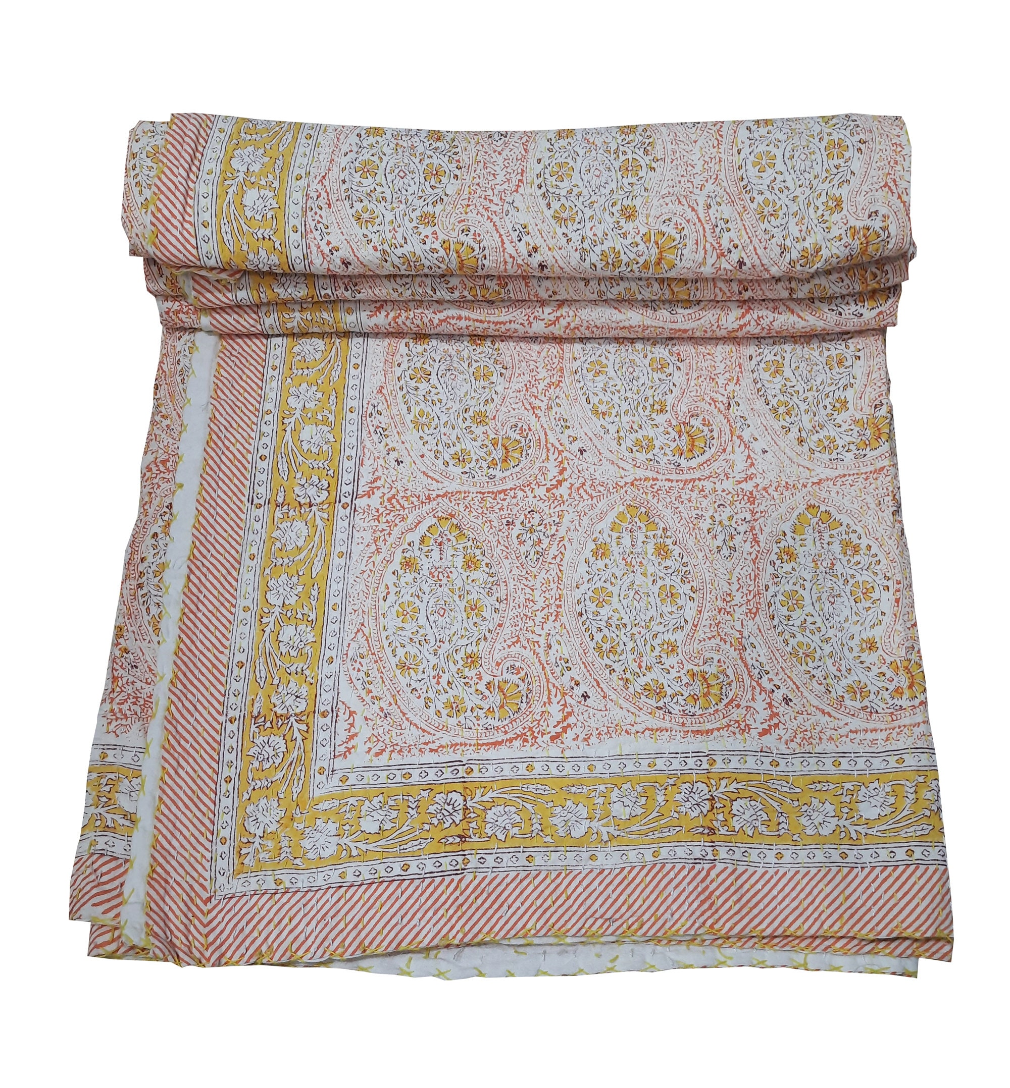 Handmade Paisley Kantha Quilt Bedspread – King Size, 100% Cotton, Block Art, Multicolor, Machine Washable, Made In India