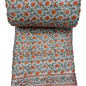 Hand Block Print Cotton Kantha Quilt: Soft Floral Bedspread Hand Print Quilt