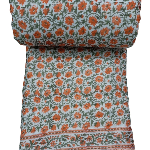 Hand Block Print Cotton Kantha Quilt: Soft Floral Bedspread Hand Print Quilt