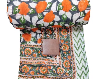 Handgeblokte katoenen quilt: omkeerbare Jaipuri Rajai-dekbedovertrek quilt met handafdruk
