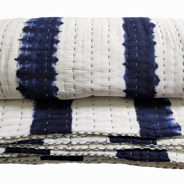 Sibori Solid White Blue Handmade Kantha Quilt Bedspread Bedding Throws Kantha Blanket Cotton Filling Razai Kantha Quilt King Size