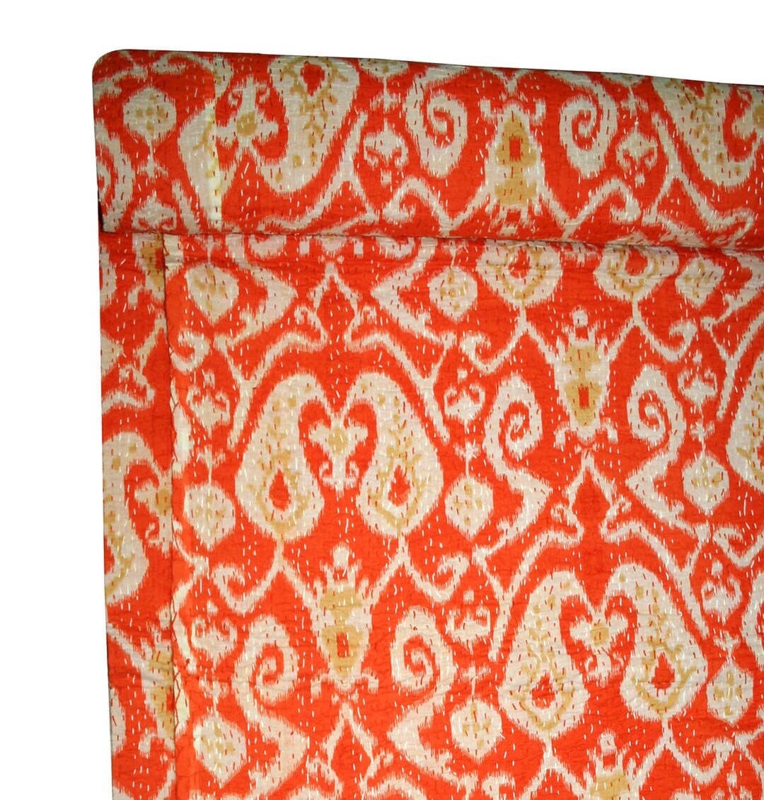 Handmade Kantha Quilt Hand Stitched Kantha Blanket Orange Bombe Ikat