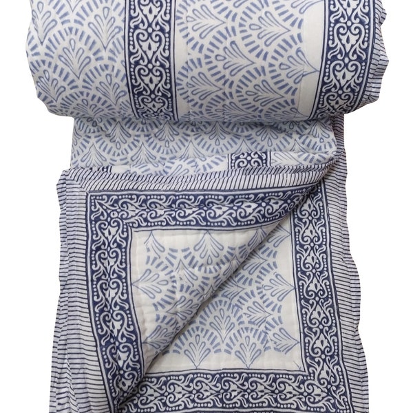 Blue Hand Block Print Cotton Quilt, 100% Cotton Filing Very Soft Blanket Throw Jaipur Razai Kantha Quilt