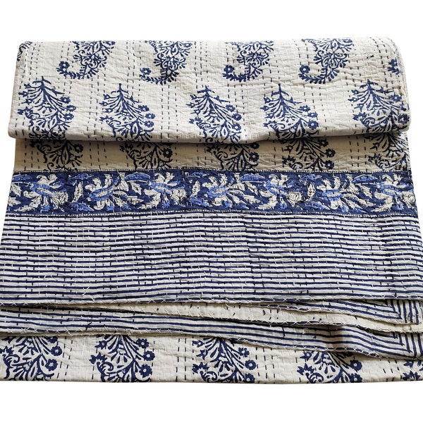 Blue floral kantha bedcover kantha quilt, kantha home decor bedspread hand art kantha throw king size 90x108