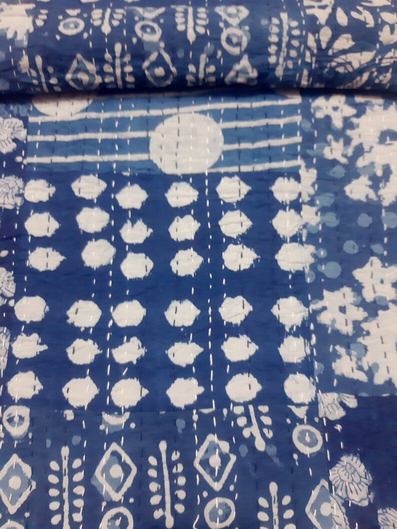 Indigo Hand Block Printed Kantha Quilt, Patchwork Cotton Bedspread - Etsy
