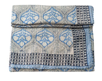 Blue Hand Block Print Kantha Quilt: Bohemian Cotton Bedspread
