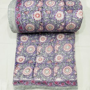 Linen Connections Vintage Handmade Kantha Floral Cotton Quilt Throw Bedspread Block Print Quilt Indian Quilt Comforter Block Print Quilt