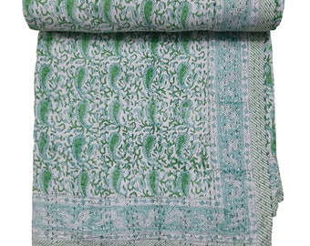 New King size kantha quilt cotton bedspread throw paisley green color hand block print kantha quilt hippie bohemian decor kantha gudari