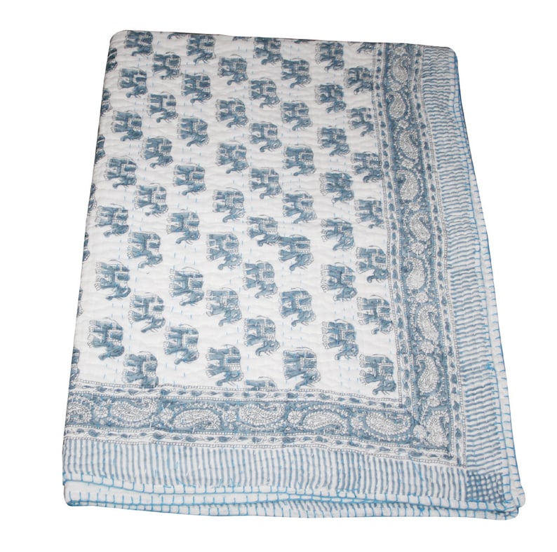 Kantha Baby Blanket Throw Kantha Baby Quilted Bedpsread Bedding Rajai Kantha Sofa Cover Elephant Hand Block Print Kantha Baby Quilt