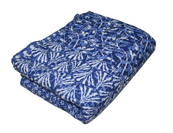 Indian Home Art Indigo Patchwork Kantha Quilt, Blue Patchwork Kantha Blanket, Blue Kantha Bedding Throw, Kantha Bedspread, Kantha Bedcover