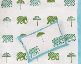 Juego de sábanas con estampado de elefantes a mano, funda de sofá 100% algodón orgánico.
