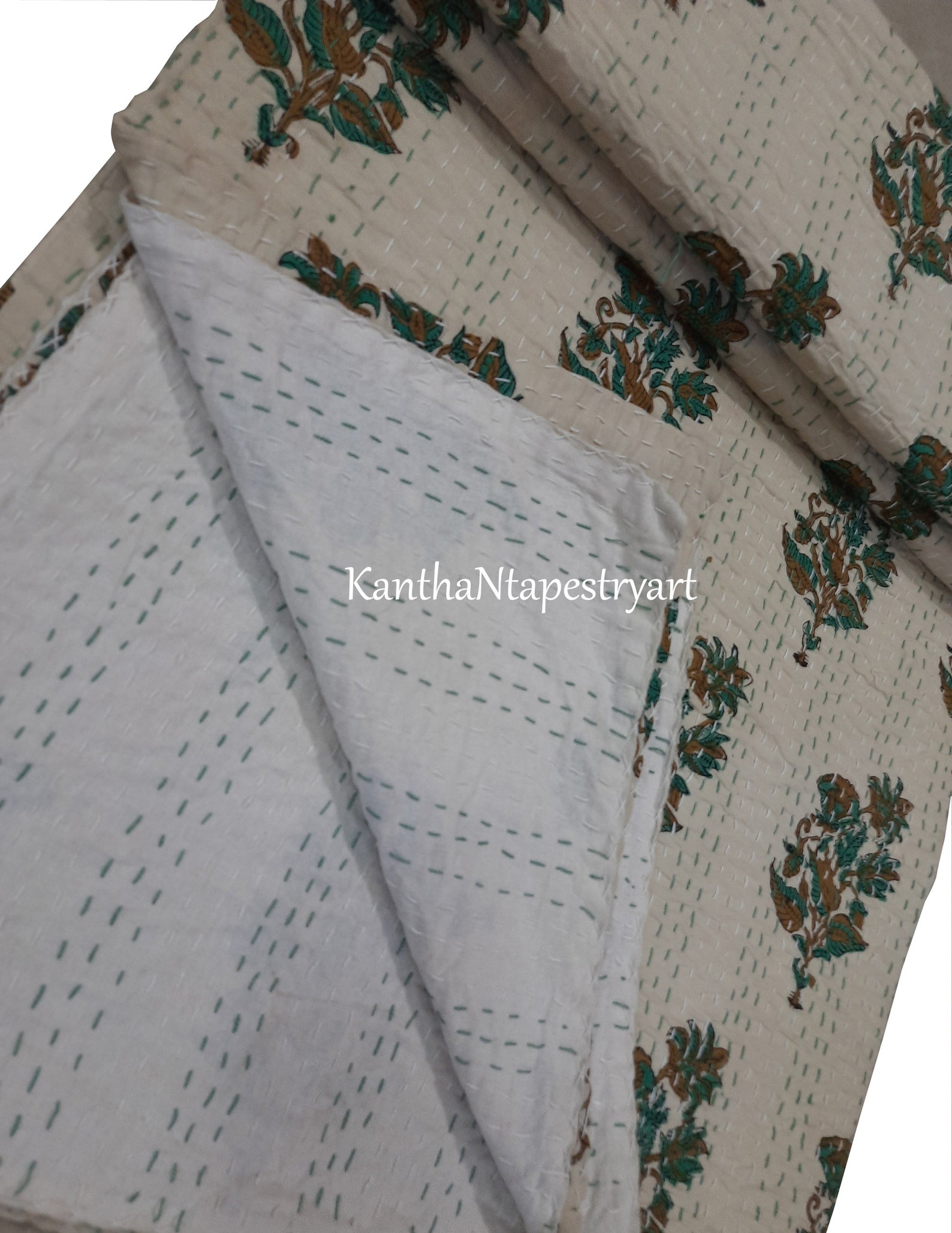 Green Floral Cotton Quilt Soft Touch Quilt Large Size Decor Etsy