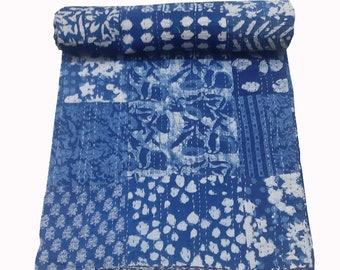 Indigo Hand Block Printed Kantha Quilt, Indigo Patchwork Quilt, Indigo Patchwork Bedspread, Patchwork Blanket Throw Indigo Blue Quilt