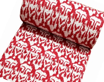 Red Ikat Cotton Kantha Quilt: King Size Bedspread BlanketFloral Print Bedspread Throw