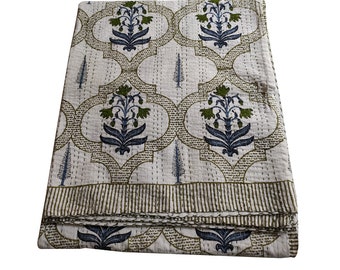 Handmade Cotton Kantha Quilt: Floral Bedspread Throw (90x108 inch)Floral Print Bedspread Throw