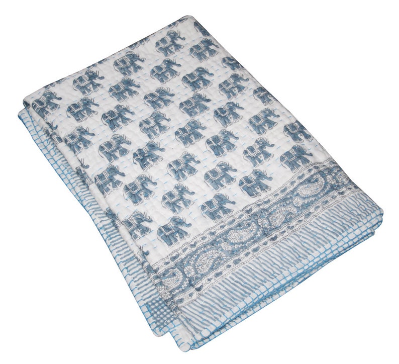 Kantha Baby Blanket Throw Kantha Baby Quilted Bedpsread Bedding Rajai Kantha Sofa Cover Elephant Hand Block Print Kantha Baby Quilt