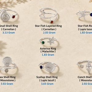 May include: A collection of eight silver rings featuring ocean-themed motifs including a snail shell with carnelian, a layered starfish with carnelian, a starfish with lapis lazuli, an asterina with malachite, and various shell rings with moonstone or lapis lazuli.