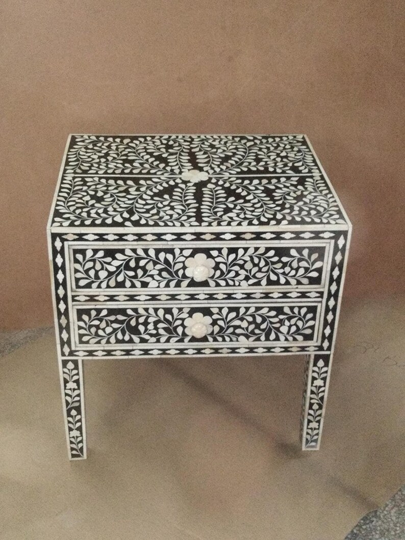 Bone Inlay 2 Drawers Floral Bedside Table Black