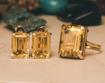 Vintage 1970s 34 Carat Citrine Ring & Earring Set - 9ct Gold - Vintage Jewellery