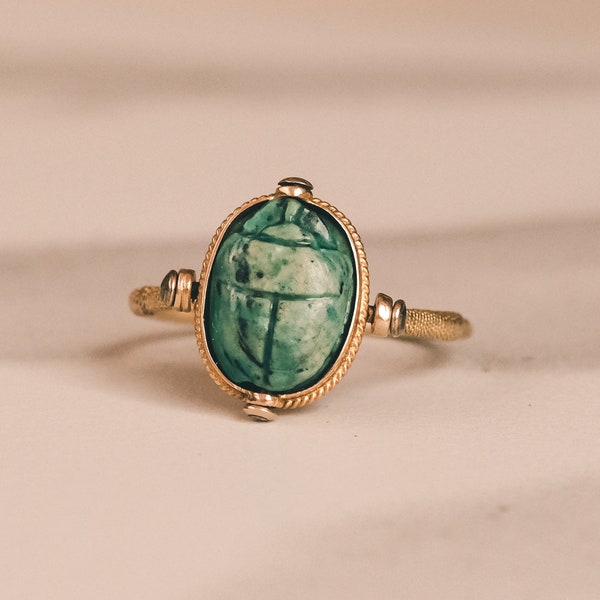 Victorian Egyptian Revival Faience Scarab Spinner Ring - 18ct Gold - Ancient Revival - Antique Jewellery - 1870s